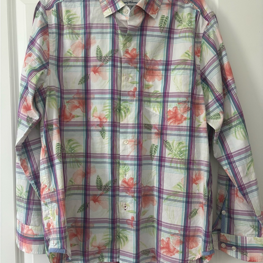 Tommy Bahama White Plaid Button-Down with Pink Floral & Green Leaf